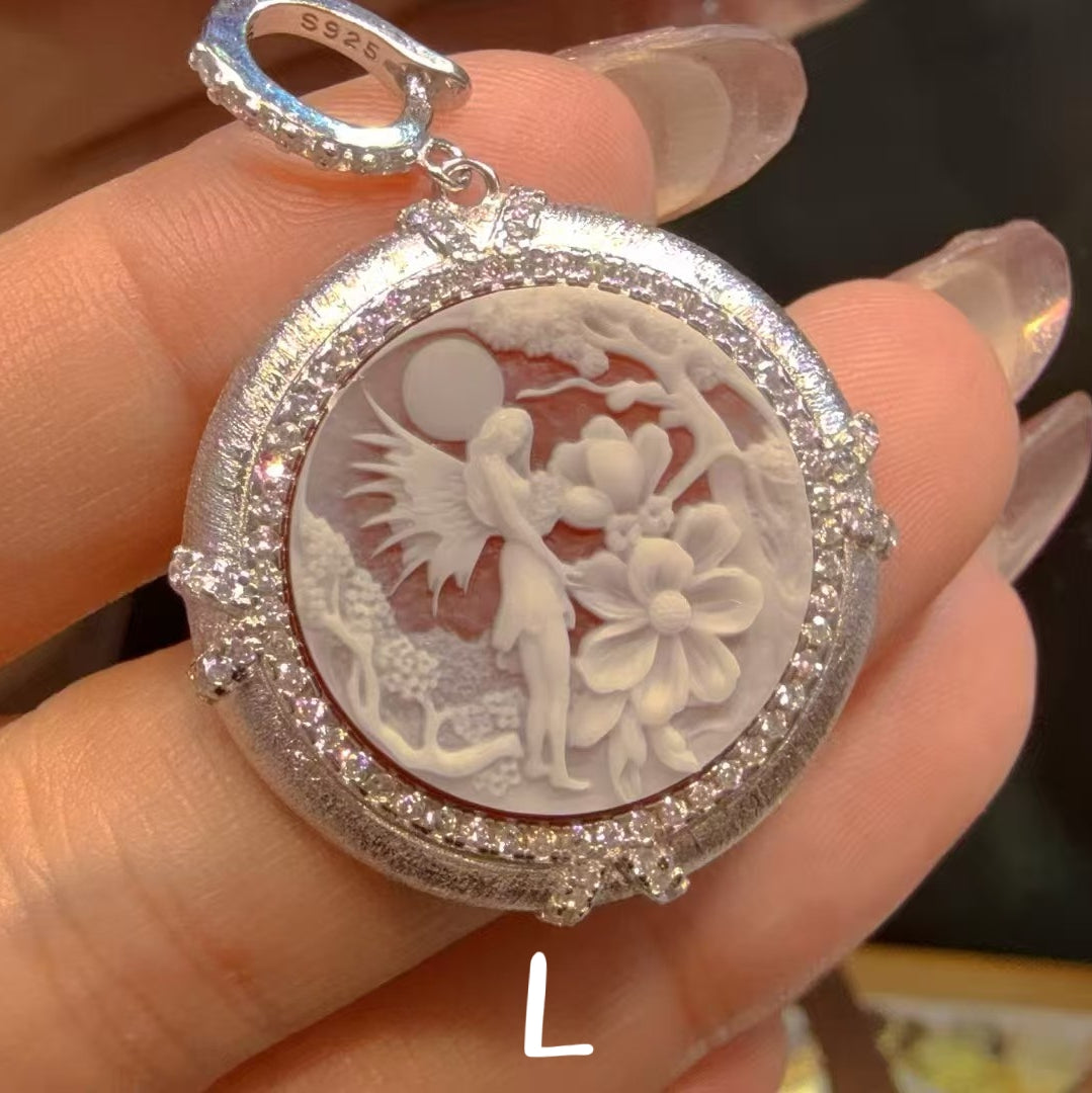 White Agate Cameo Sculpted Portrait Series Pendant - Hand-Brushed Sterling Silver Frame/Gold Plated