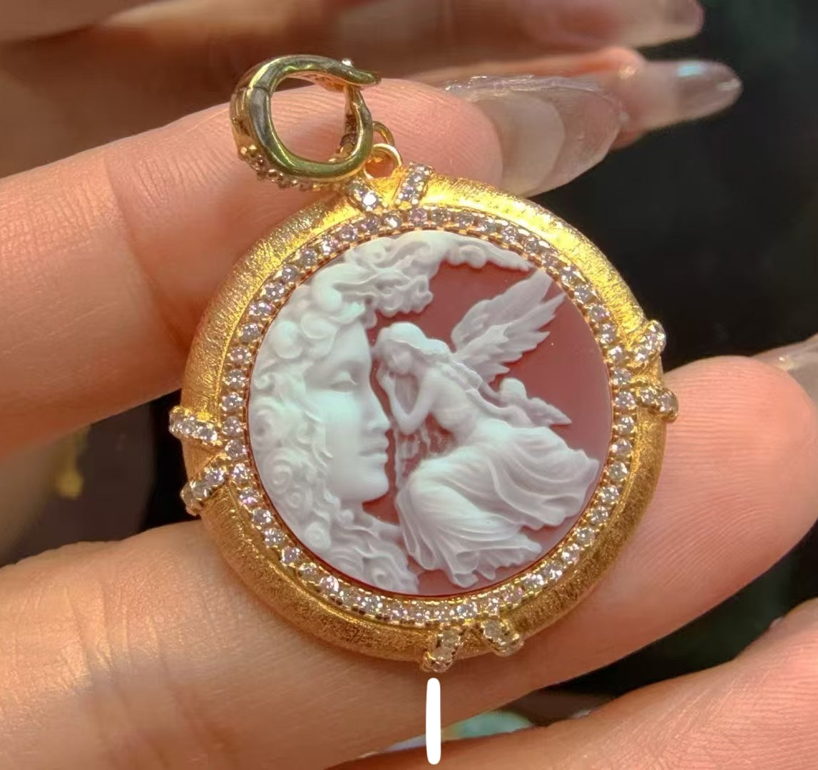 White Agate Cameo Sculpted Portrait Series Pendant - Hand-Brushed Sterling Silver Frame/Gold Plated