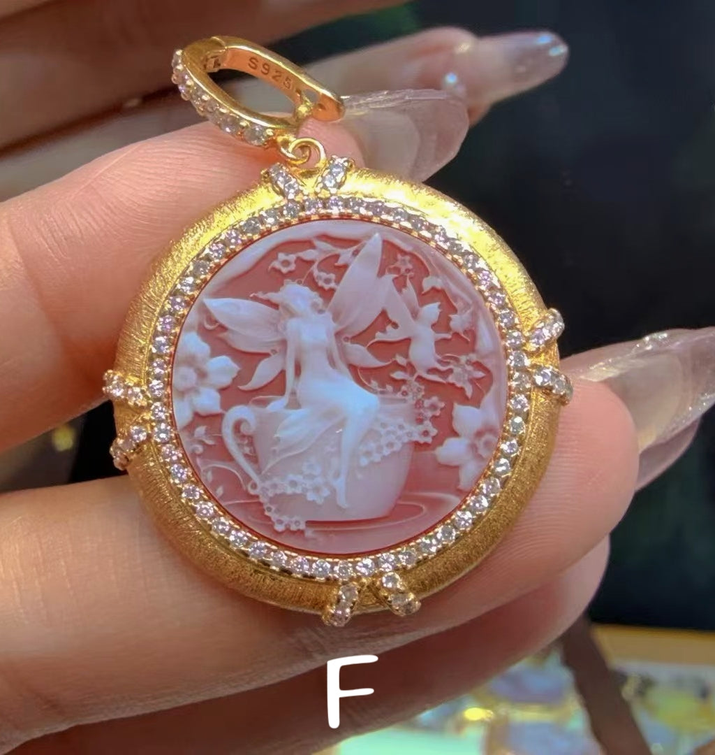 White Agate Cameo Sculpted Portrait Series Pendant - Hand-Brushed Sterling Silver Frame/Gold Plated