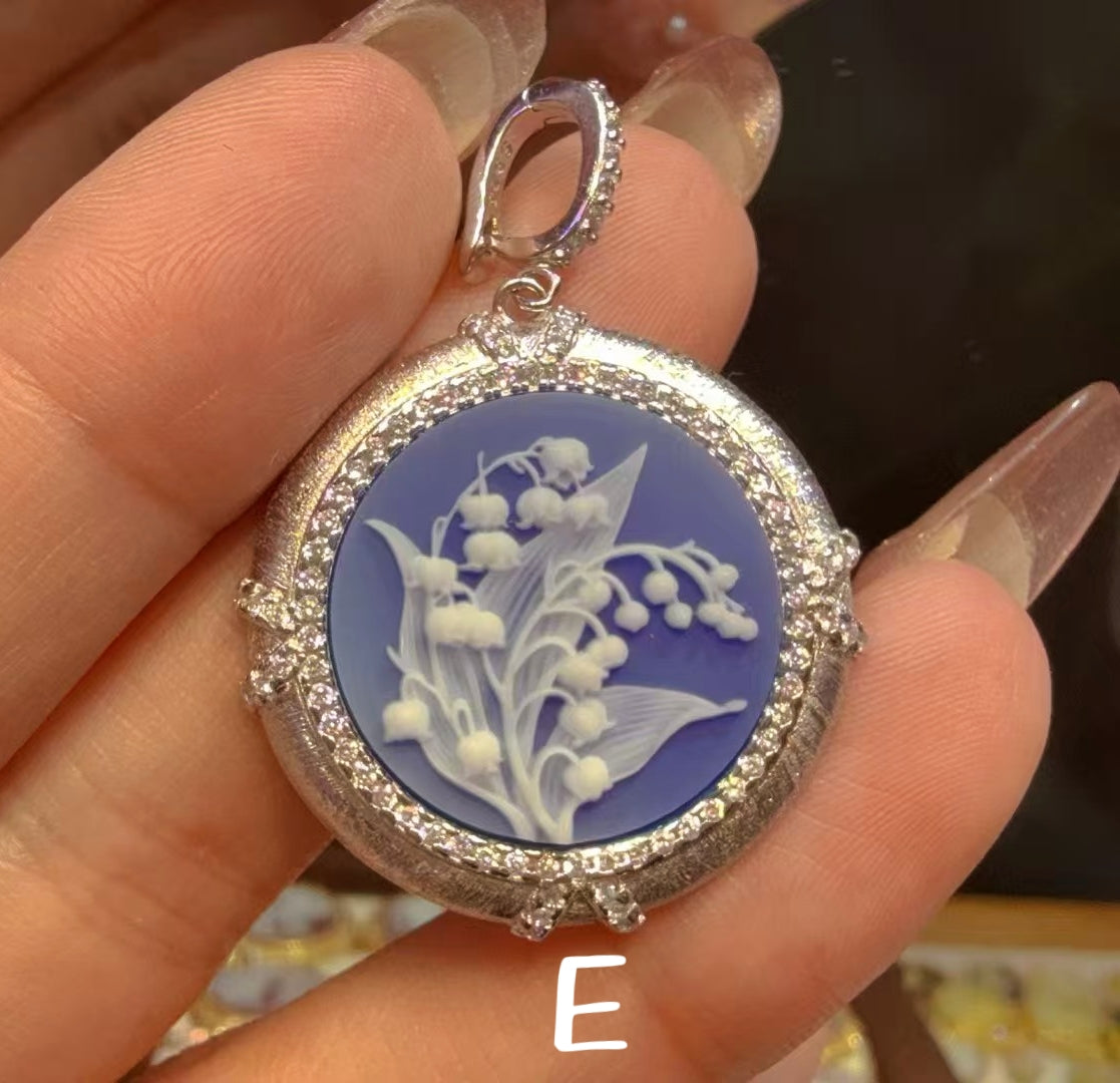 White Agate Cameo Sculpted Portrait Series Pendant - Hand-Brushed Sterling Silver Frame/Gold Plated