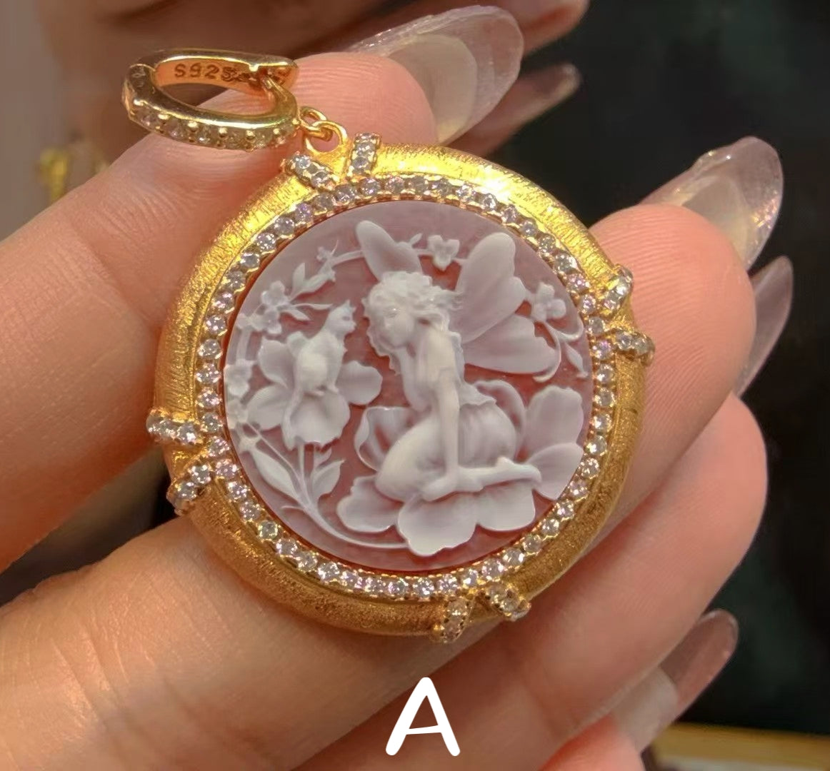 White Agate Cameo Sculpted Portrait Series Pendant - Hand-Brushed Sterling Silver Frame/Gold Plated