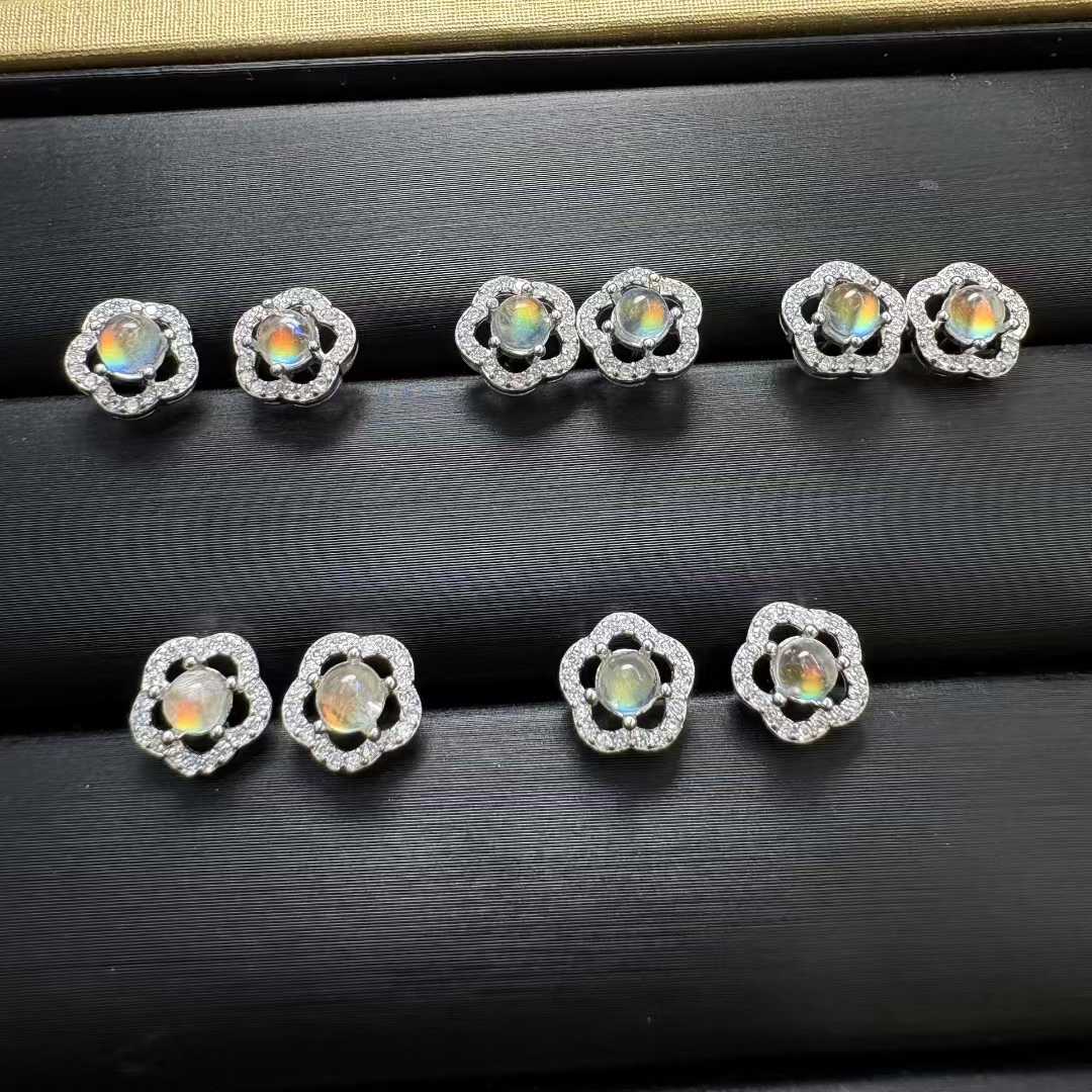 Natural Madagascar Rainbow Moonstone Flower Stud Earrings (S925 Silver Setting) - |Bulk Price
