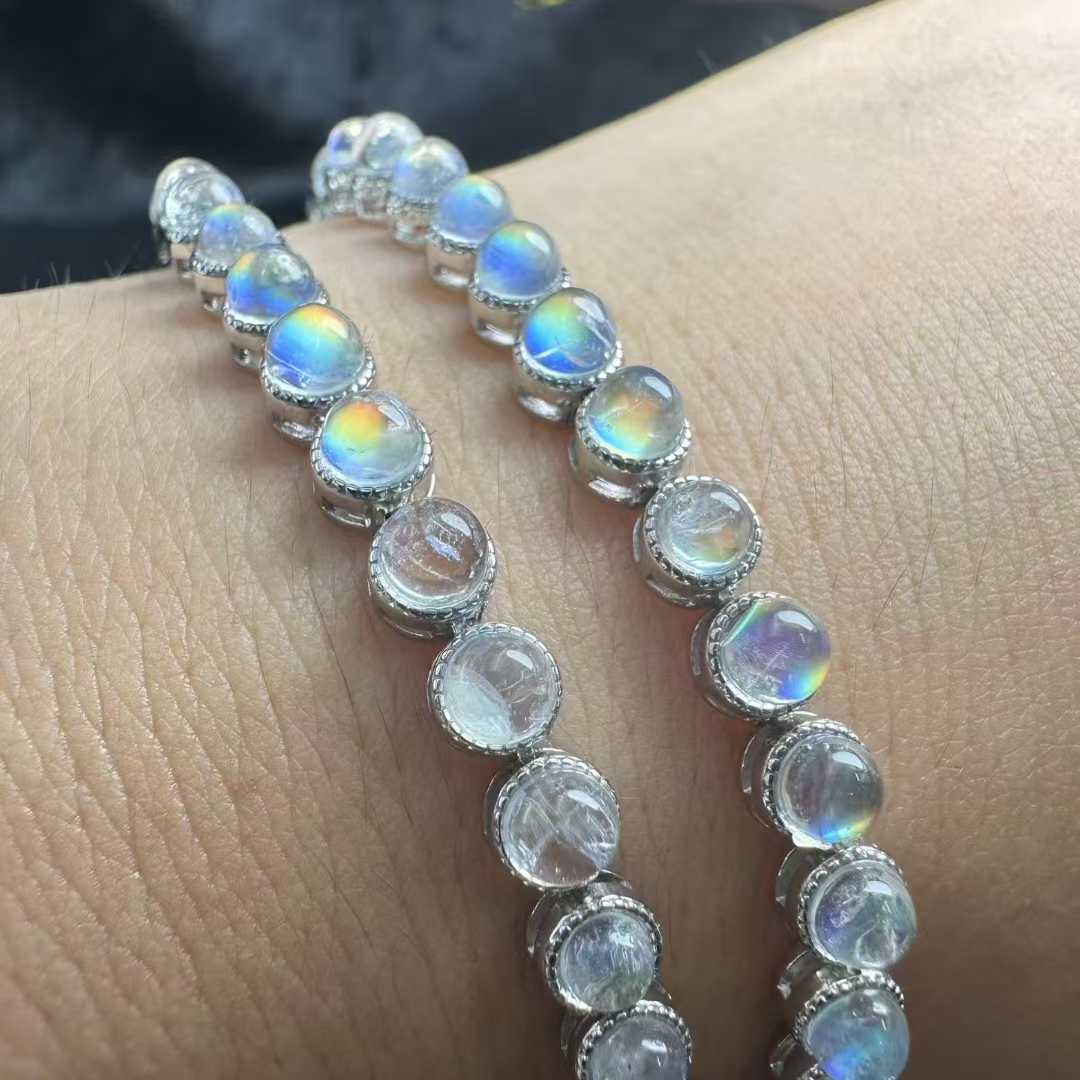 Natural Madagascar Rainbow Moonstone Bead Bracelet (Multi-bead, S925 Silver Setting) - |Bulk Price