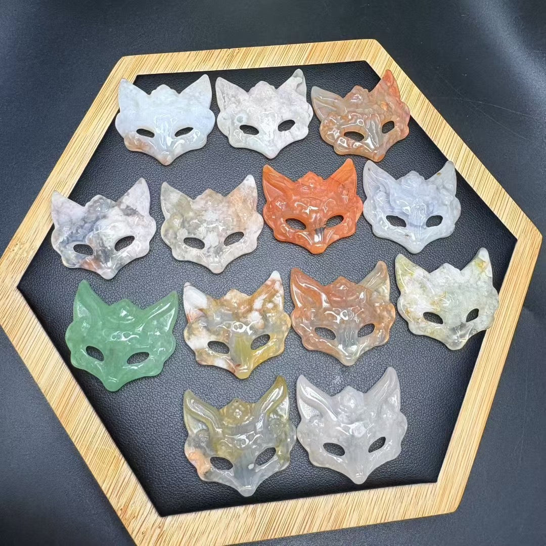 Enchanting Sakura Agate Spirit Fox Mask Pendant - 30mm Mystical Undrilled Charm for DIY Jewelry (Wholesale Price)