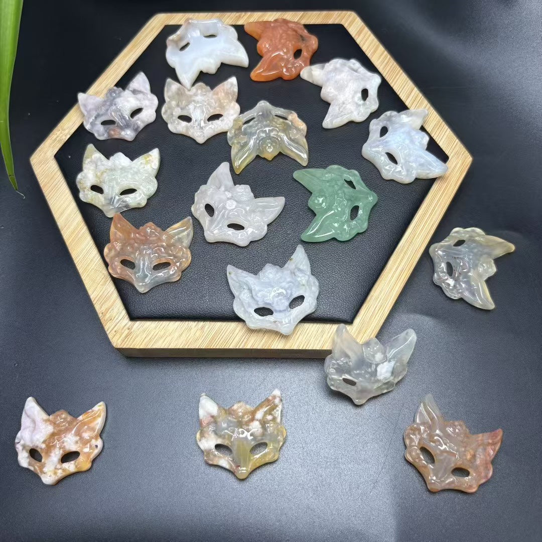 Enchanting Sakura Agate Spirit Fox Mask Pendant - 30mm Mystical Undrilled Charm for DIY Jewelry (Wholesale Price)