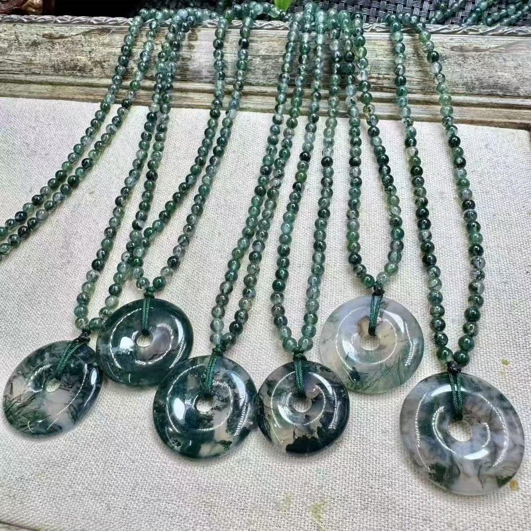 Zen Moss Agate Disc Pendant & Bead Necklace - Natural Botanical Jewelry|Bulk Price