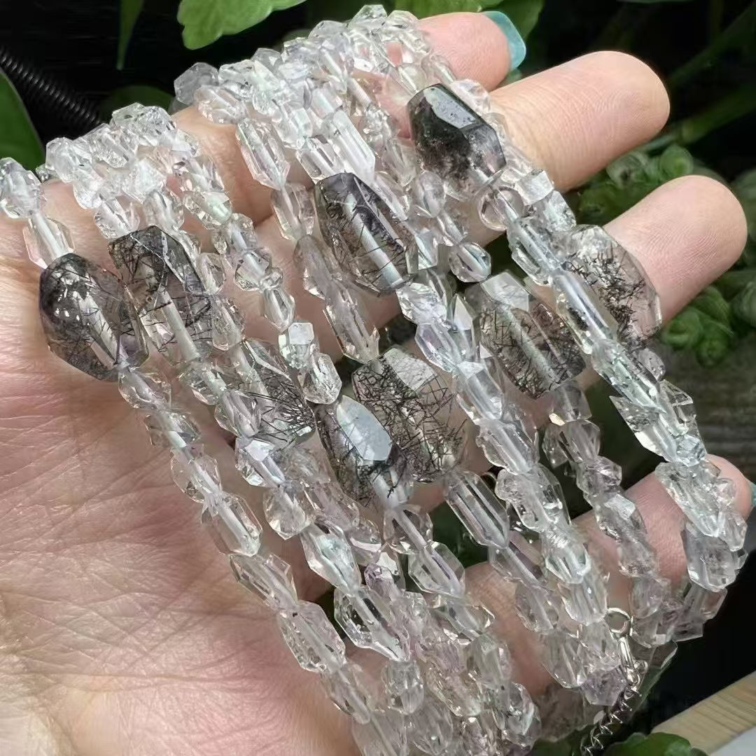 Black Rutilated Quartz Energy Bracelet – Natural Black Rutile Quartz Beads & Genuine Herkimer Diamonds (925 Sterling Silver Buckle)