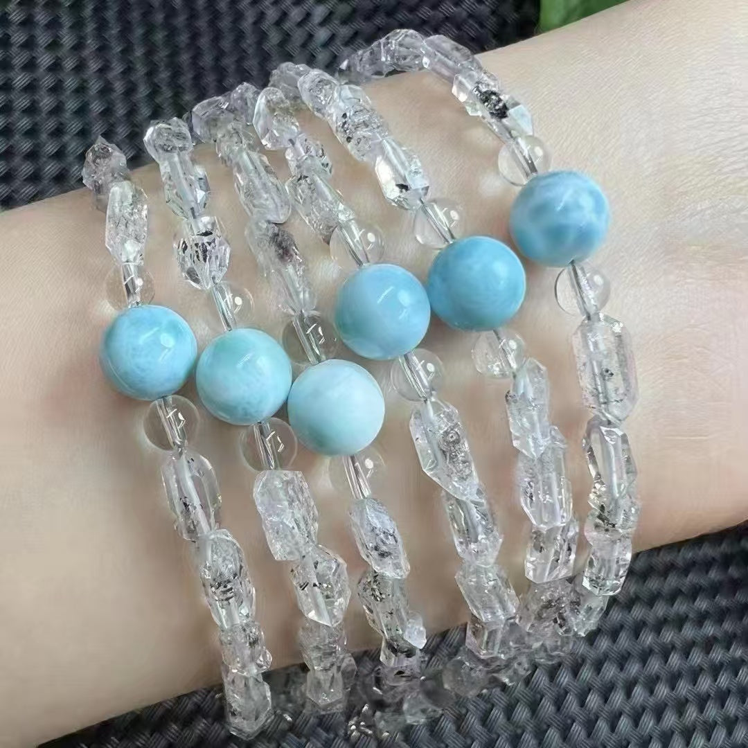 Larimar Healing Bracelet – Genuine Dominican Sea Stone & Herkimer Diamonds (925 Sterling Silver buckle)|Bulk Price