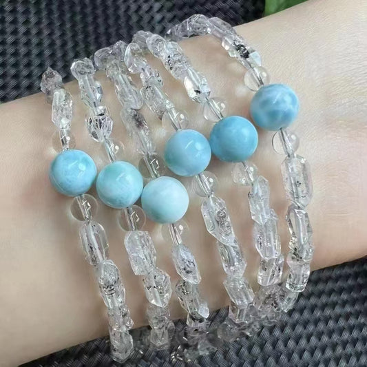 Larimar Healing Bracelet – Genuine Dominican Sea Stone & Herkimer Diamonds (925 Sterling Silver buckle)|Bulk Price