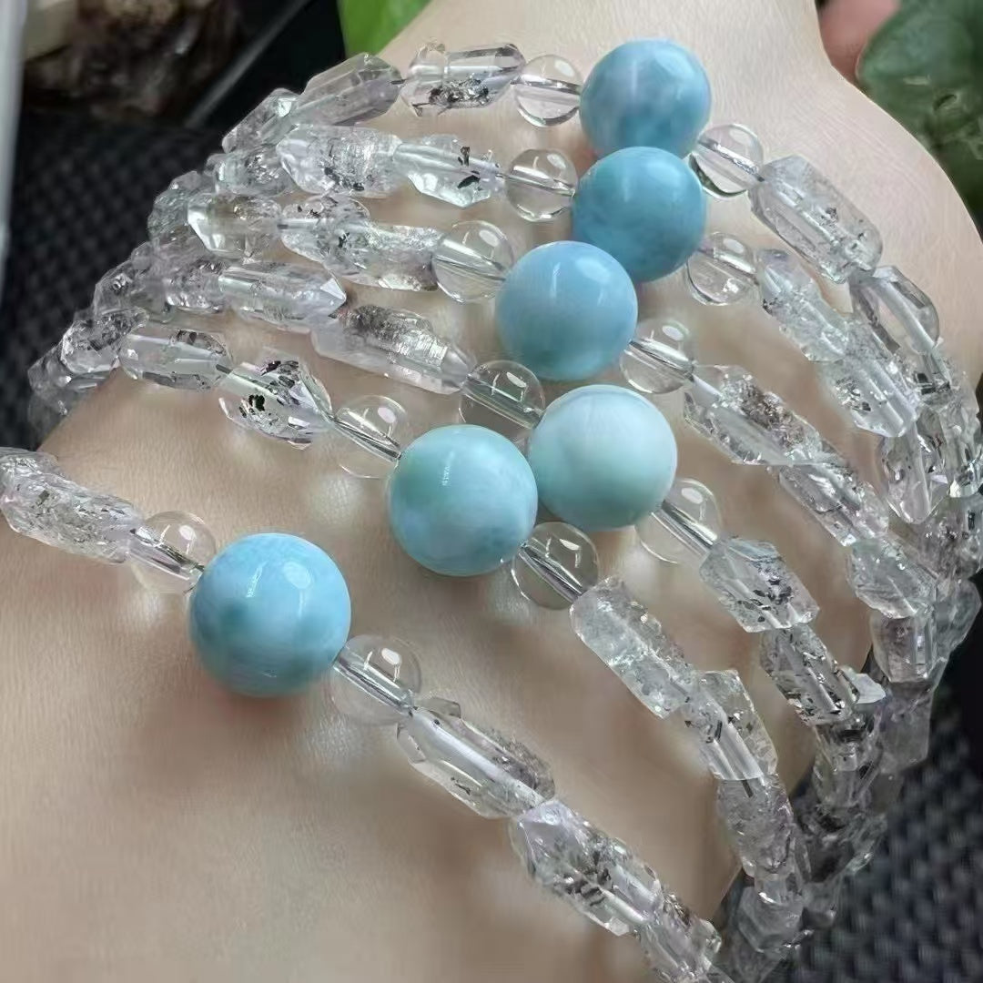 Larimar Healing Bracelet – Genuine Dominican Sea Stone & Herkimer Diamonds (925 Sterling Silver buckle)|Bulk Price