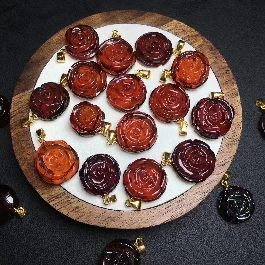 Blood Red Amber Rose Flower Pendant - Natural Baltic Amber with Sterling Silver 925 Jewelry for Women|Bulk Price