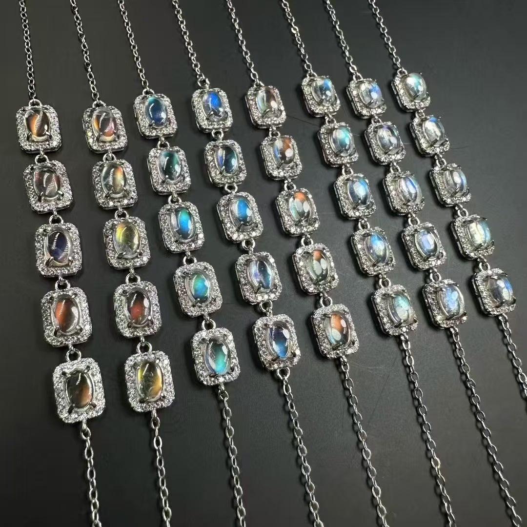 Madagascar Rainbow Moonstone Bracelet - 5 Oval Cabochons S925 Sterling Silver Chain, Adjustable Clasp for Intuition & Divine Feminine Energy