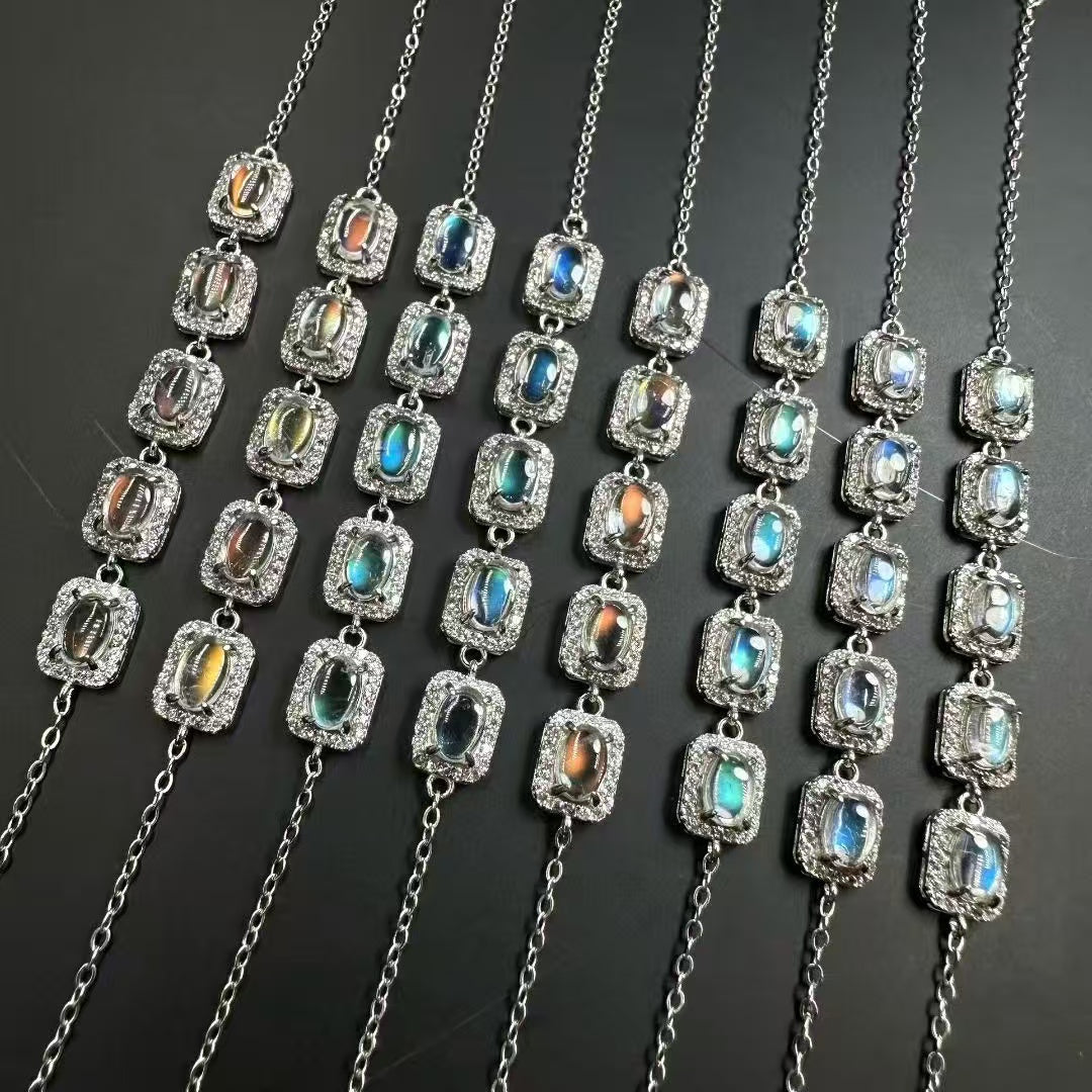 Madagascar Rainbow Moonstone Bracelet - 5 Oval Cabochons S925 Sterling Silver Chain, Adjustable Clasp for Intuition & Divine Feminine Energy