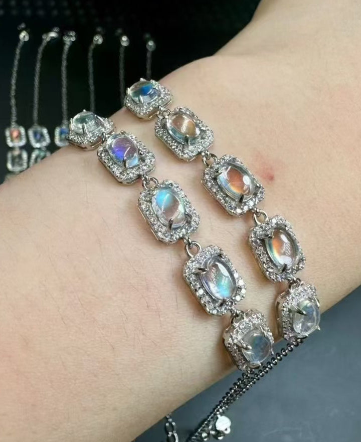 Madagascar Rainbow Moonstone Bracelet - 5 Oval Cabochons S925 Sterling Silver Chain, Adjustable Clasp for Intuition & Divine Feminine Energy