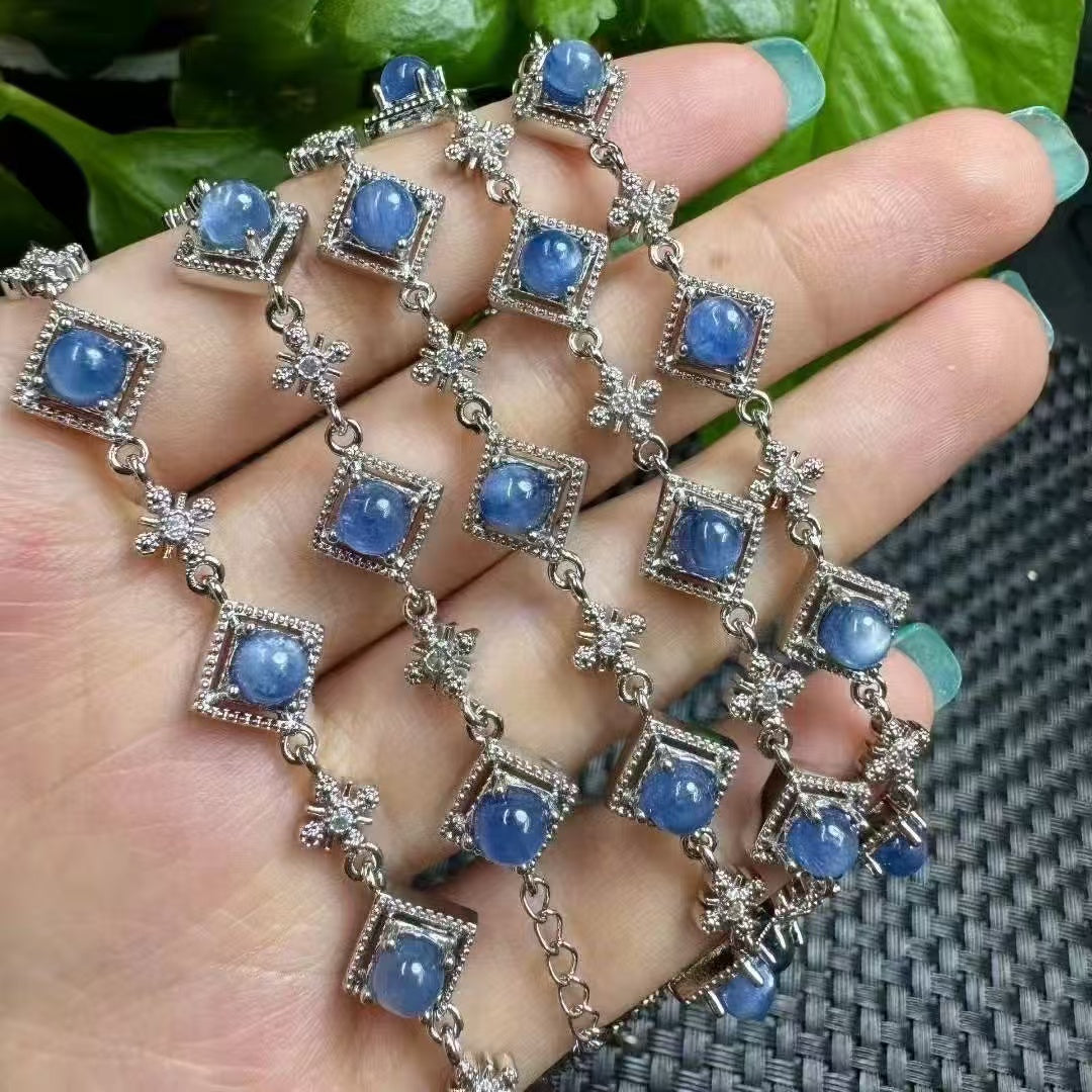 Natural Kyanite Bracelet - 5 Round Cabochons in Copper Setting, Adjustable Copper Chain for Communication & Alignment