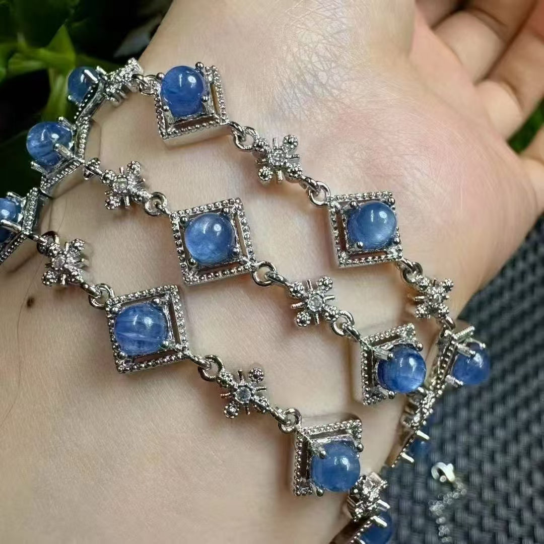 Natural Kyanite Bracelet - 5 Round Cabochons in Copper Setting, Adjustable Copper Chain for Communication & Alignment