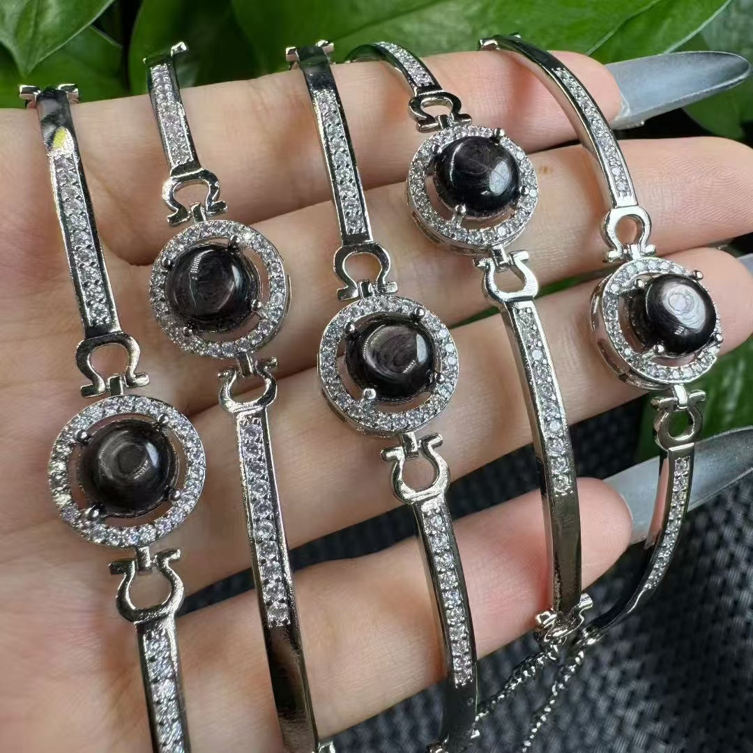 Hypersthene "Golden Fortune Stone" Bracelet - Round Cabochon in Copper Setting, Adjustable Chain for Intuition & Protection
