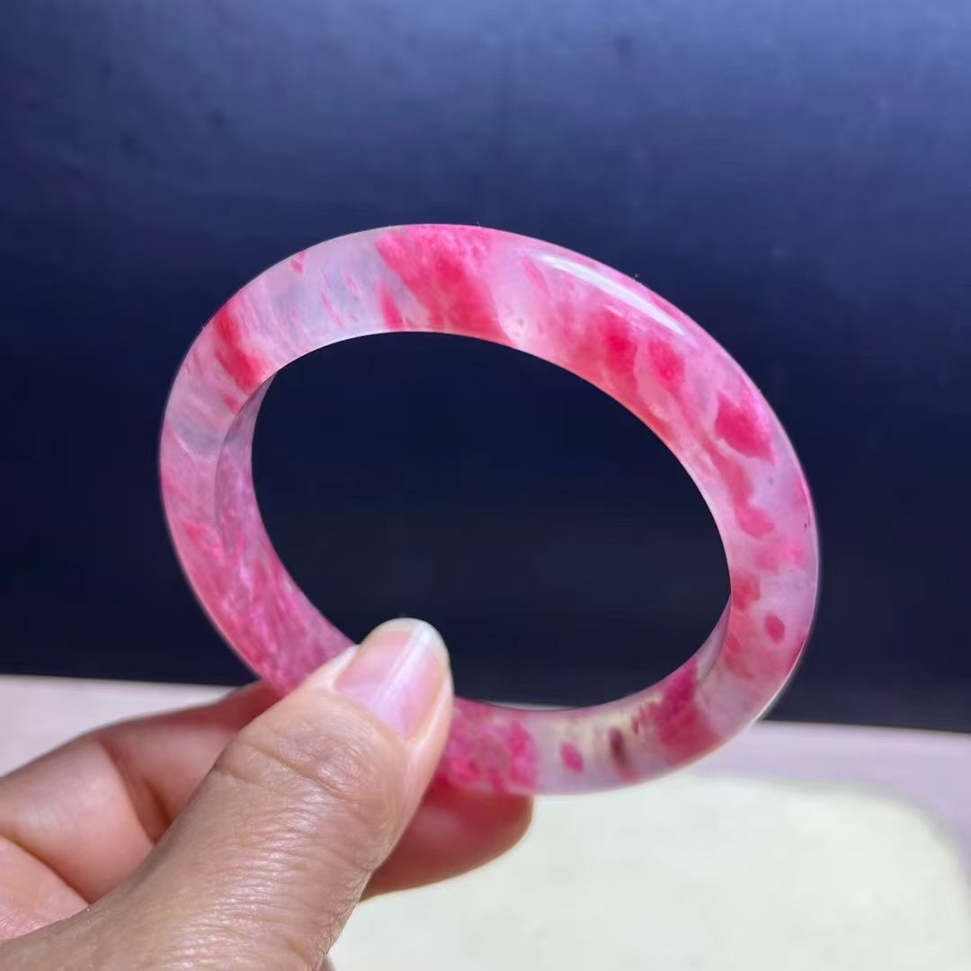 Icy Rhodonite Bracelet with Floating Cherry Blossoms – 60mm Inner Diameter | Natural Rhodonite Bangle, 11.3mm Wide