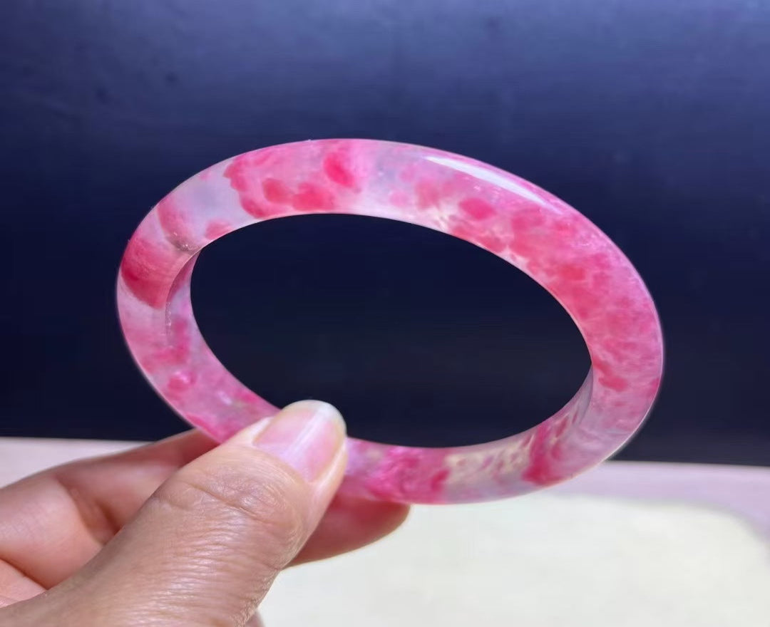 Icy Rhodonite Bracelet with Floating Cherry Blossoms – 60mm Inner Diameter | Natural Rhodonite Bangle, 11.3mm Wide