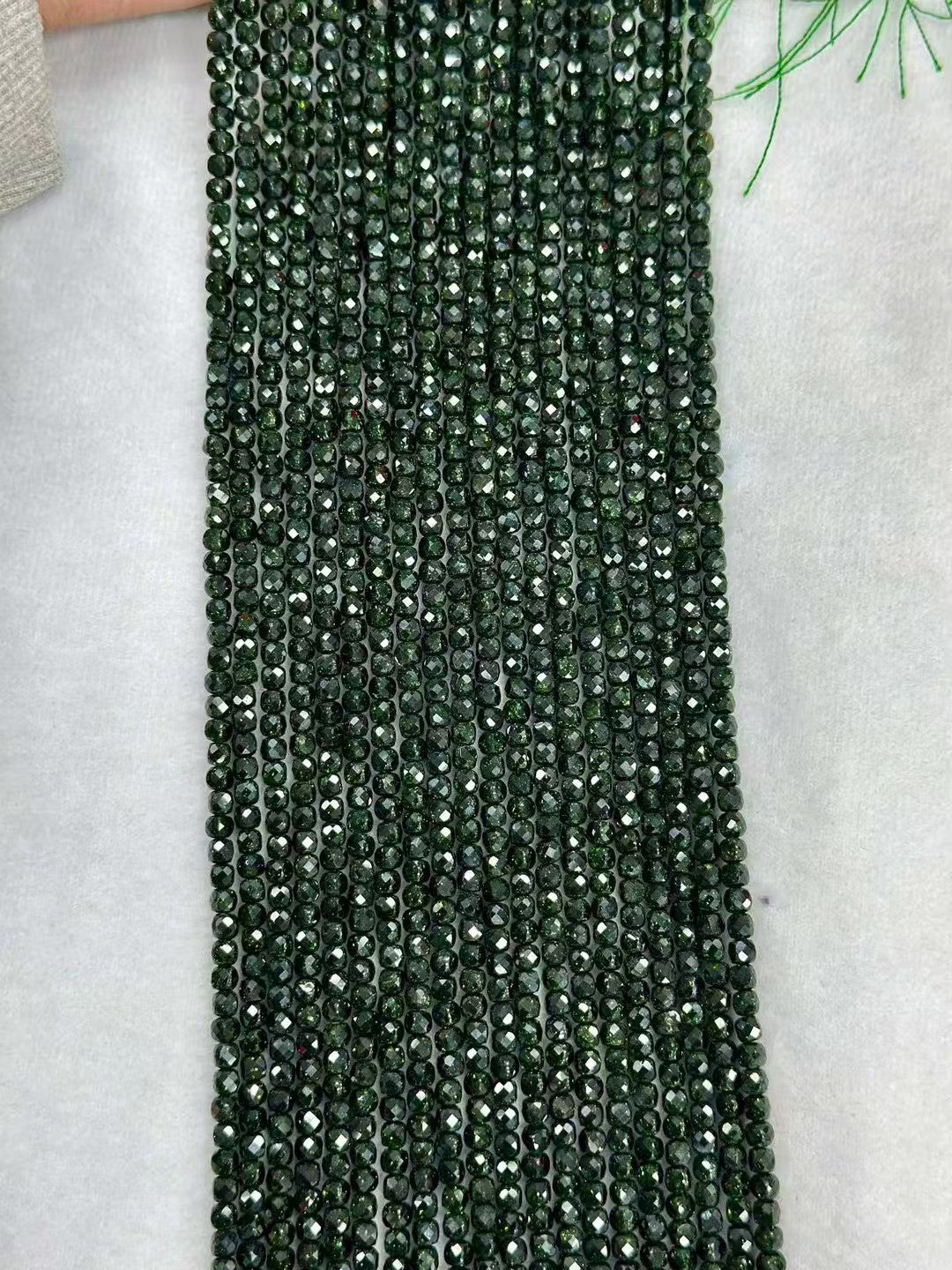Manmade Sparking Green Golden Sandstone Faceted Sugar Cube Bead Strand 2-4mm