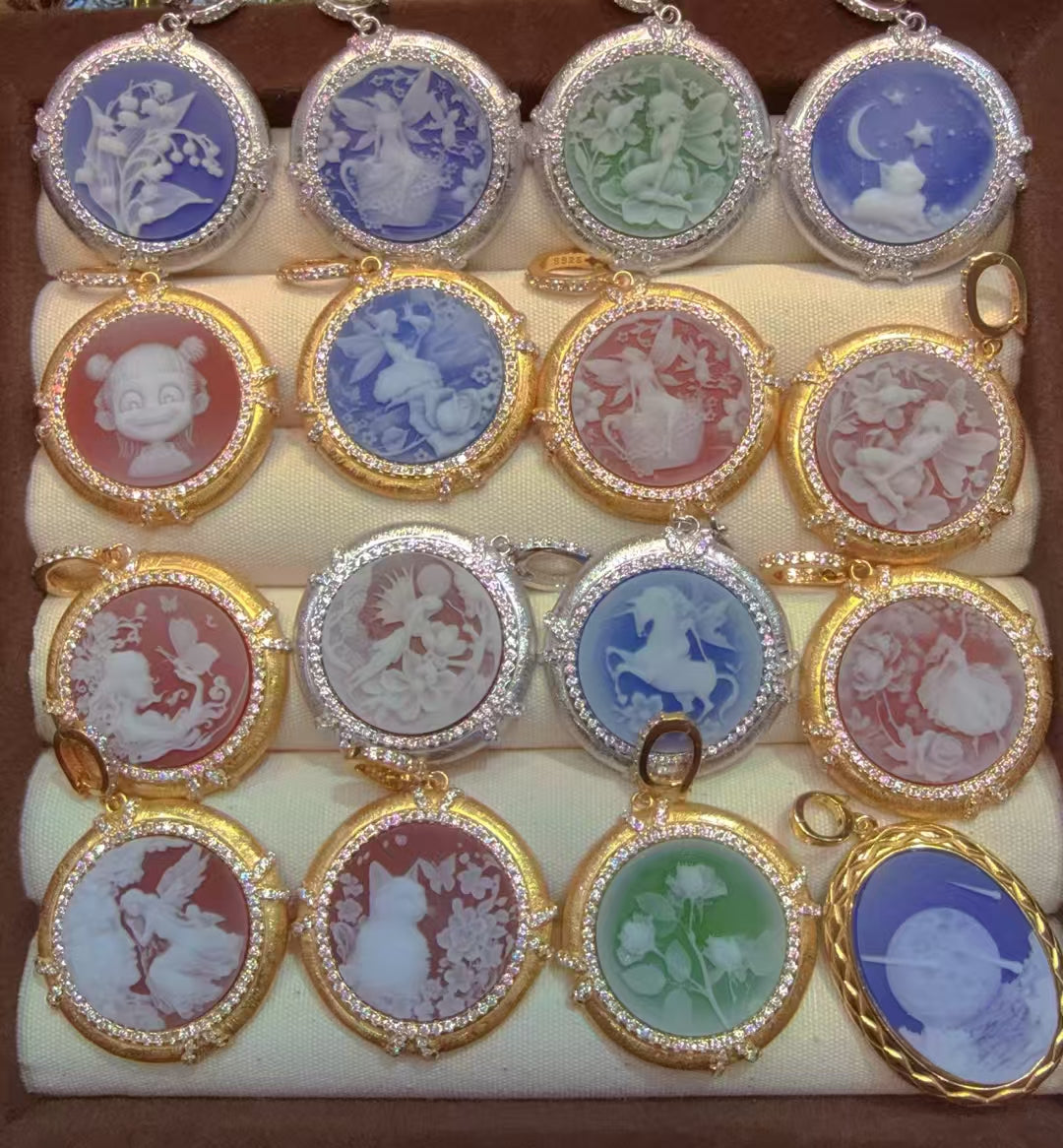 White Agate Cameo Sculpted Portrait Series Pendant - Hand-Brushed Sterling Silver Frame/Gold Plated
