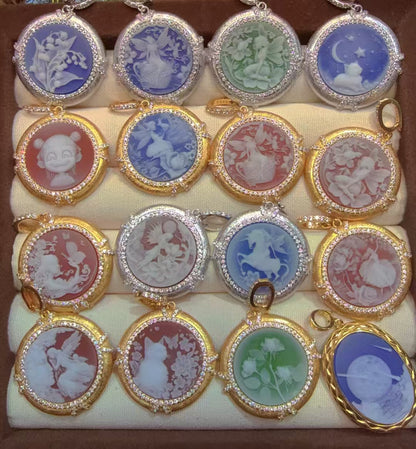 White Agate Cameo Sculpted Portrait Series Pendant - Hand-Brushed Sterling Silver Frame/Gold Plated