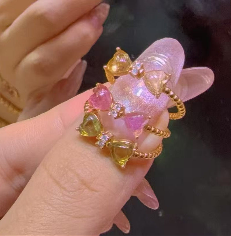 Adjustable Tourmaline Bow Ring Two Gem-Grade Hearts + Zircon | Gold Vermeil over 925 Silver | Pink/Green/Yellow|Bulk Price