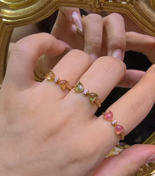 Adjustable Tourmaline Bow Ring Two Gem-Grade Hearts + Zircon | Gold Vermeil over 925 Silver | Pink/Green/Yellow|Bulk Price