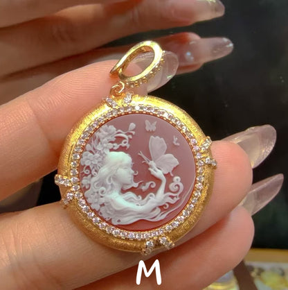 White Agate Cameo Sculpted Portrait Series Pendant - Hand-Brushed Sterling Silver Frame/Gold Plated