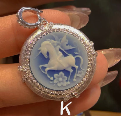 White Agate Cameo Sculpted Portrait Series Pendant - Hand-Brushed Sterling Silver Frame/Gold Plated