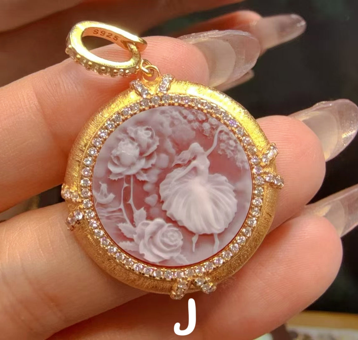 White Agate Cameo Sculpted Portrait Series Pendant - Hand-Brushed Sterling Silver Frame/Gold Plated