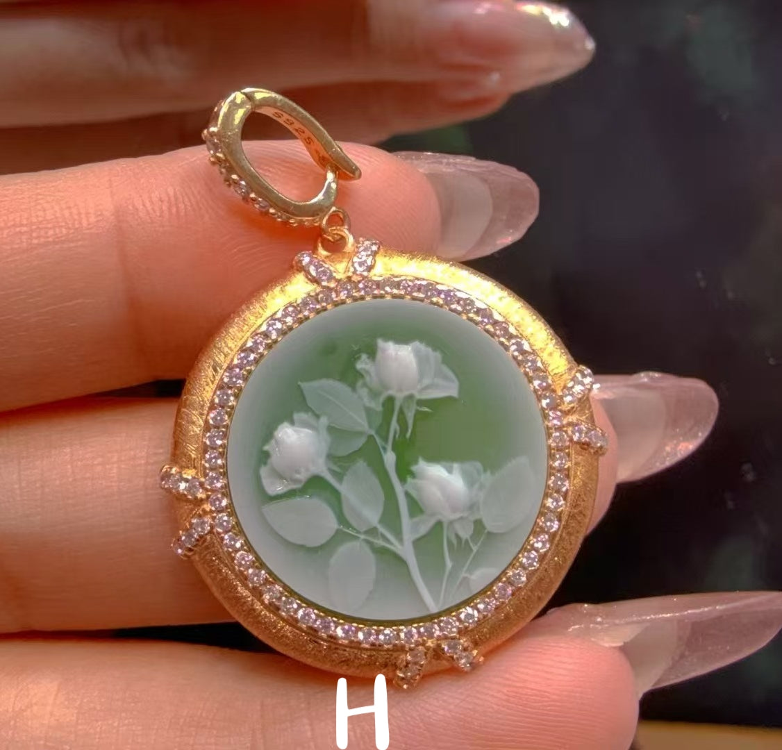 White Agate Cameo Sculpted Portrait Series Pendant - Hand-Brushed Sterling Silver Frame/Gold Plated
