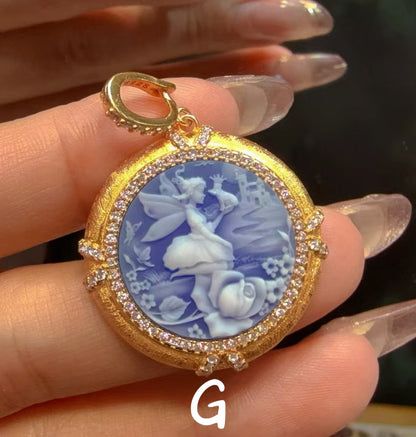 White Agate Cameo Sculpted Portrait Series Pendant - Hand-Brushed Sterling Silver Frame/Gold Plated