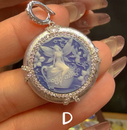 White Agate Cameo Sculpted Portrait Series Pendant - Hand-Brushed Sterling Silver Frame/Gold Plated