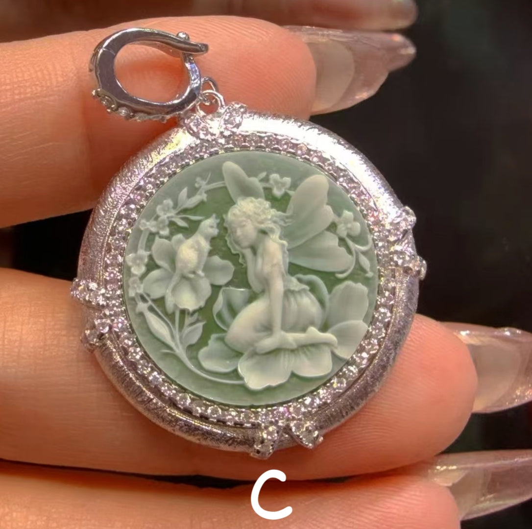 White Agate Cameo Sculpted Portrait Series Pendant - Hand-Brushed Sterling Silver Frame/Gold Plated