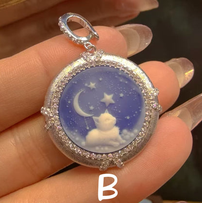 White Agate Cameo Sculpted Portrait Series Pendant - Hand-Brushed Sterling Silver Frame/Gold Plated