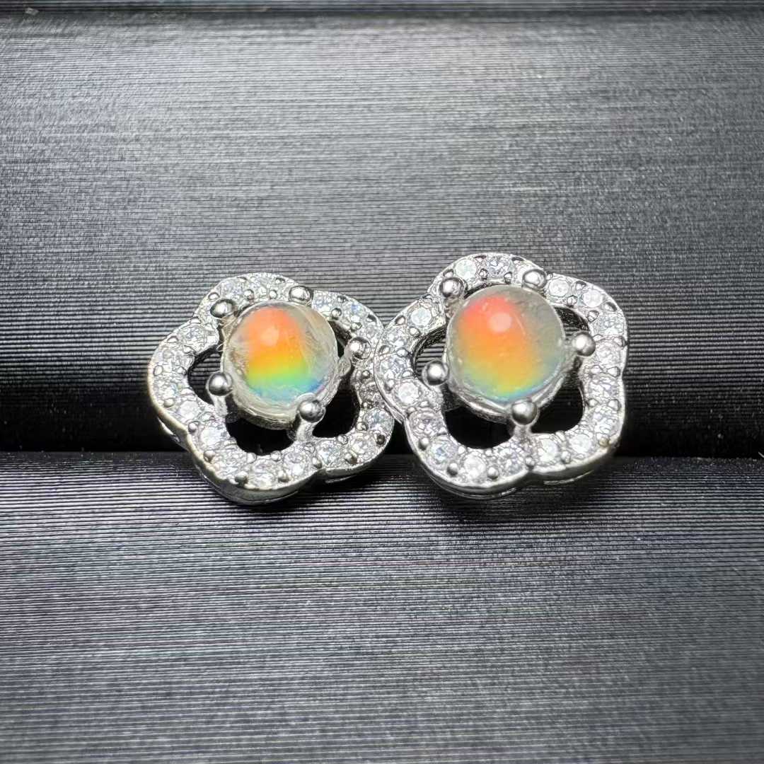 Natural Madagascar Rainbow Moonstone Flower Stud Earrings (S925 Silver Setting) - |Bulk Price