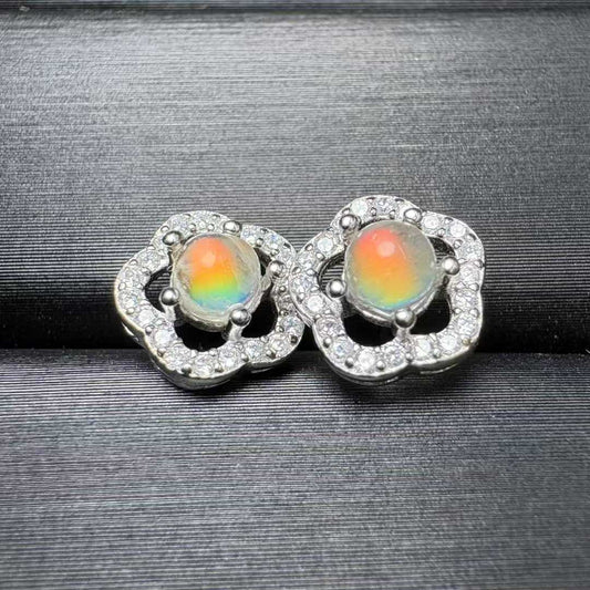 Natural Madagascar Rainbow Moonstone Flower Stud Earrings (S925 Silver Setting) - |Bulk Price