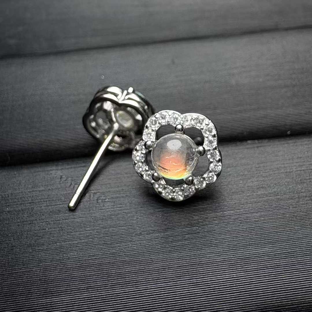 Natural Madagascar Rainbow Moonstone Flower Stud Earrings (S925 Silver Setting) - |Bulk Price
