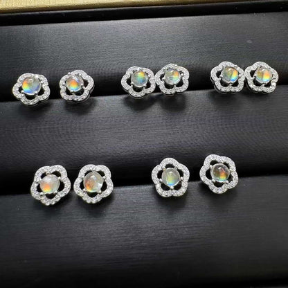 Natural Madagascar Rainbow Moonstone Flower Stud Earrings (S925 Silver Setting) - |Bulk Price
