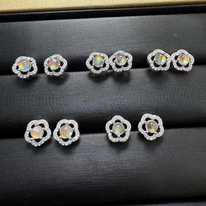Natural Madagascar Rainbow Moonstone Flower Stud Earrings (S925 Silver Setting) - |Bulk Price