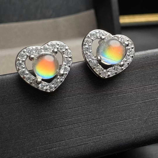 Natural Madagascar Rainbow Moonstone Heart Stud Earrings (S925 Silver Setting) -|Bulk Price