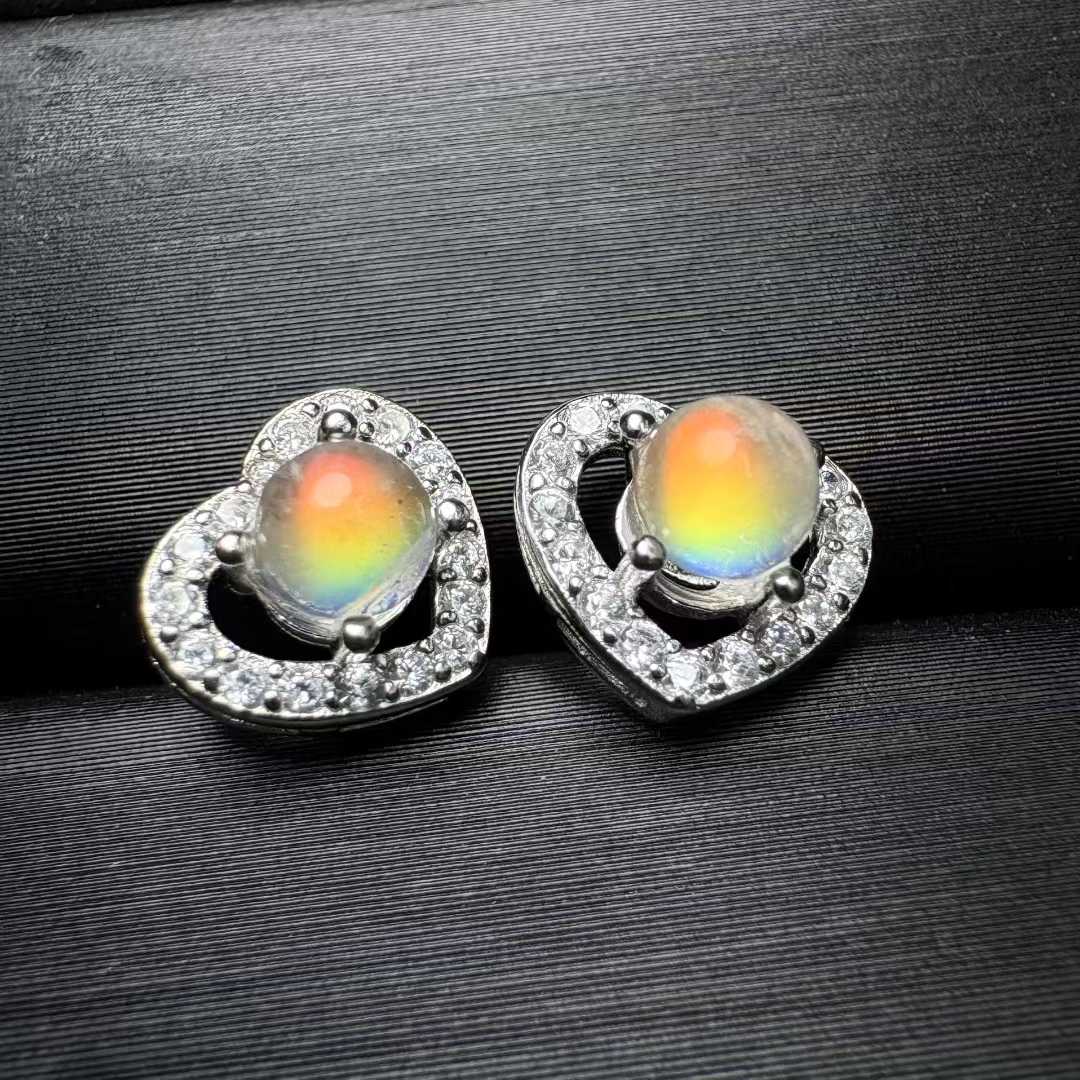 Natural Madagascar Rainbow Moonstone Heart Stud Earrings (S925 Silver Setting) -|Bulk Price