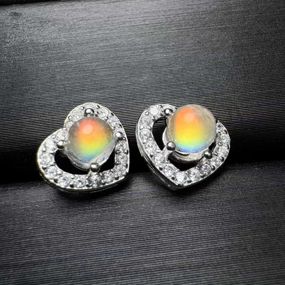 Natural Madagascar Rainbow Moonstone Heart Stud Earrings (S925 Silver Setting) -|Bulk Price