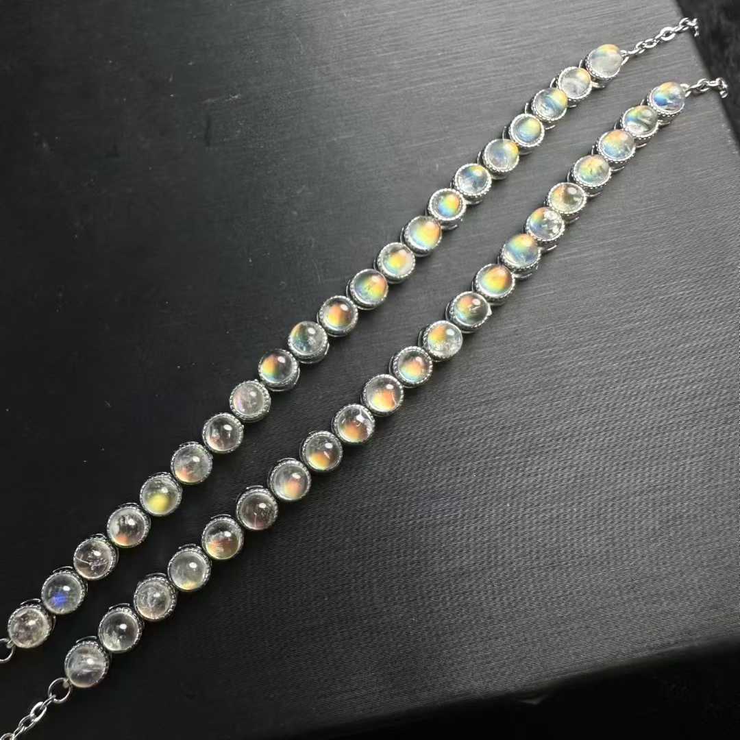 Natural Madagascar Rainbow Moonstone Bead Bracelet (Multi-bead, S925 Silver Setting) - |Bulk Price