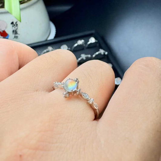 Natural Rainbow Madagascar Moonstone Bead Ring(S925 Silver Setting) Adjustable Ring Size|Bulk Price