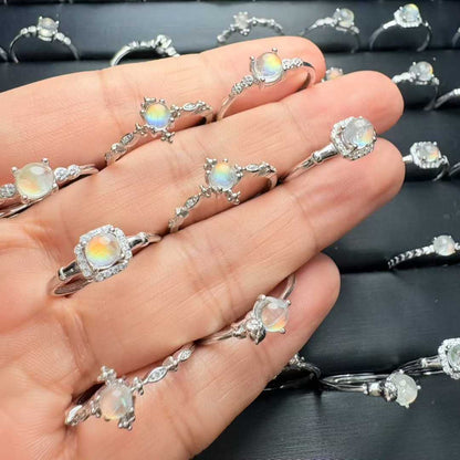 Natural Rainbow Madagascar Moonstone Bead Ring(S925 Silver Setting) Adjustable Ring Size|Bulk Price