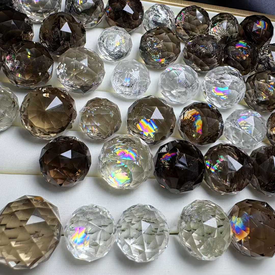Natural Clear Quartz/Smoky Quartz Burst Rainbow Faceted Sphere (20mm/23mm)- Pendnet Jewerly Making|Bulk Price