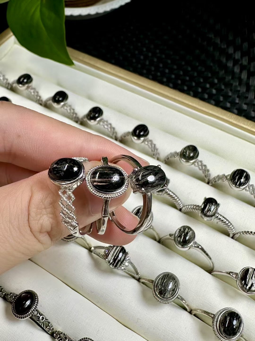 Black Tourmaline Quartz Oval Cabochon 925 Silver Ring Adjustable Size- Empowering Stone for Career Success & Spiritual Protection (Men & Women) Wholesale