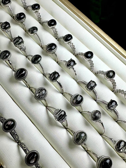 Black Tourmaline Quartz Oval Cabochon 925 Silver Ring Adjustable Size- Empowering Stone for Career Success & Spiritual Protection (Men & Women) Wholesale